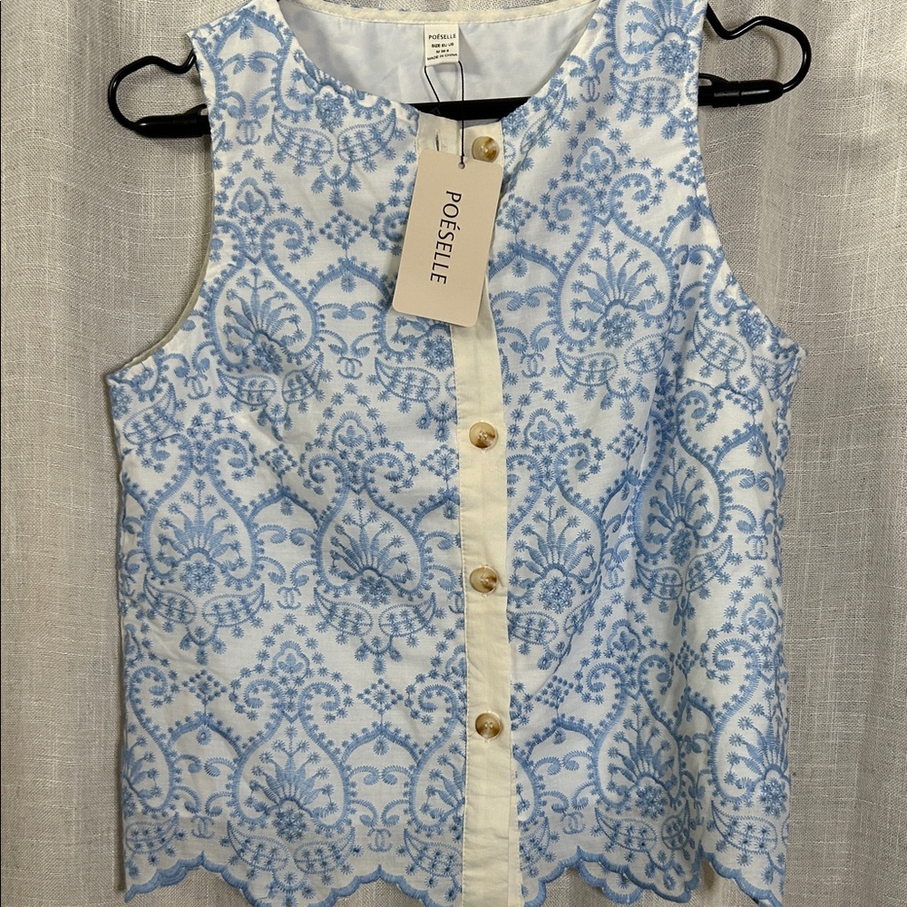 Blue and White Sleeveless Top